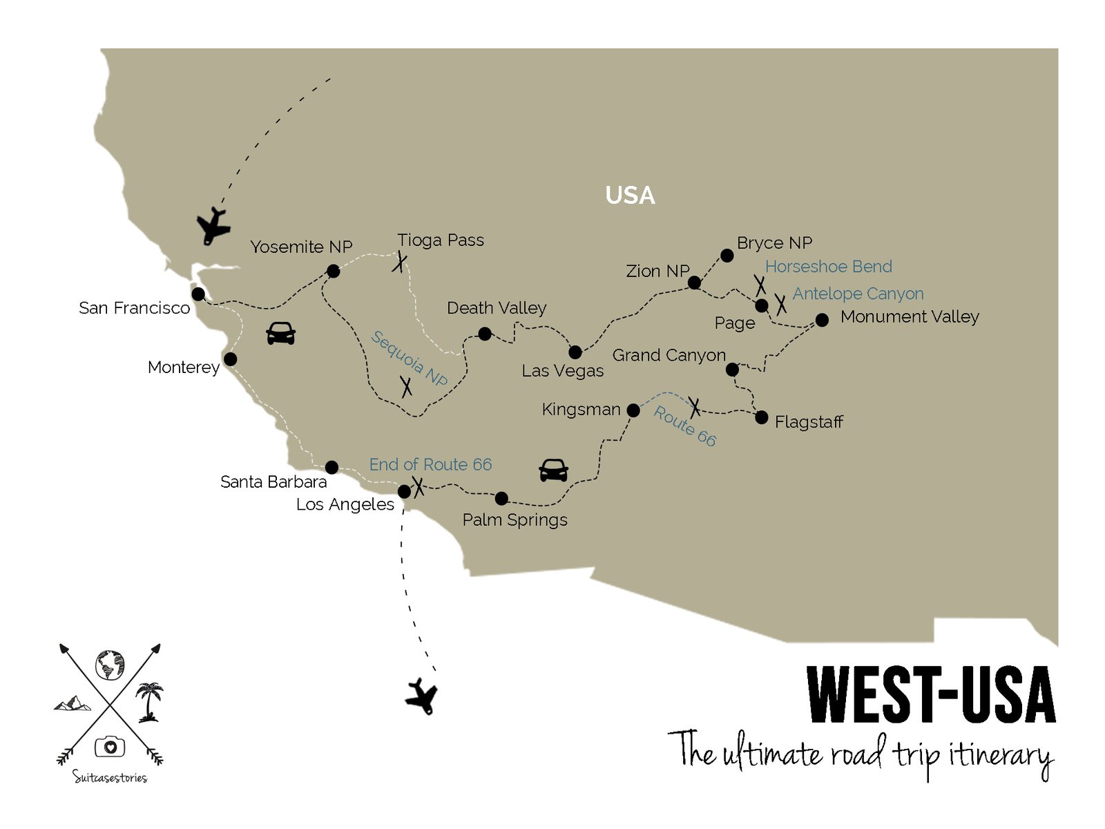 2 weeks West coast USA itinerary Road trip in America Map